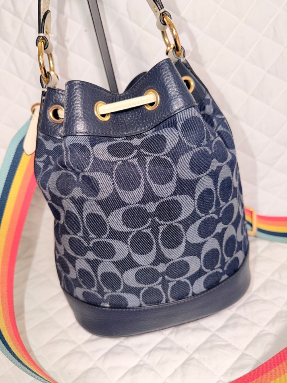 Coach Dempsey Bucket & Drawstring Blue Leather - Picture 8 of 13